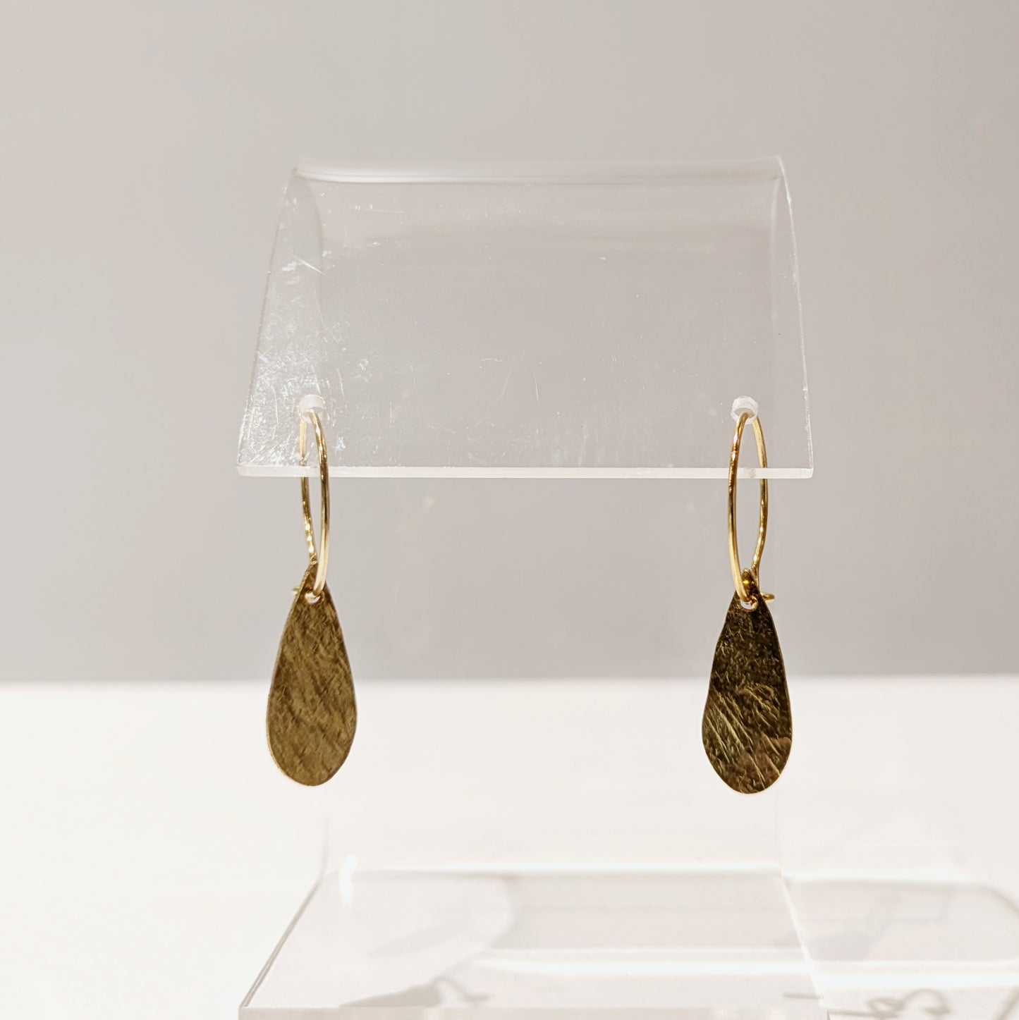 Small Gold Hoop Earrings with Hammered Brass Teardrops