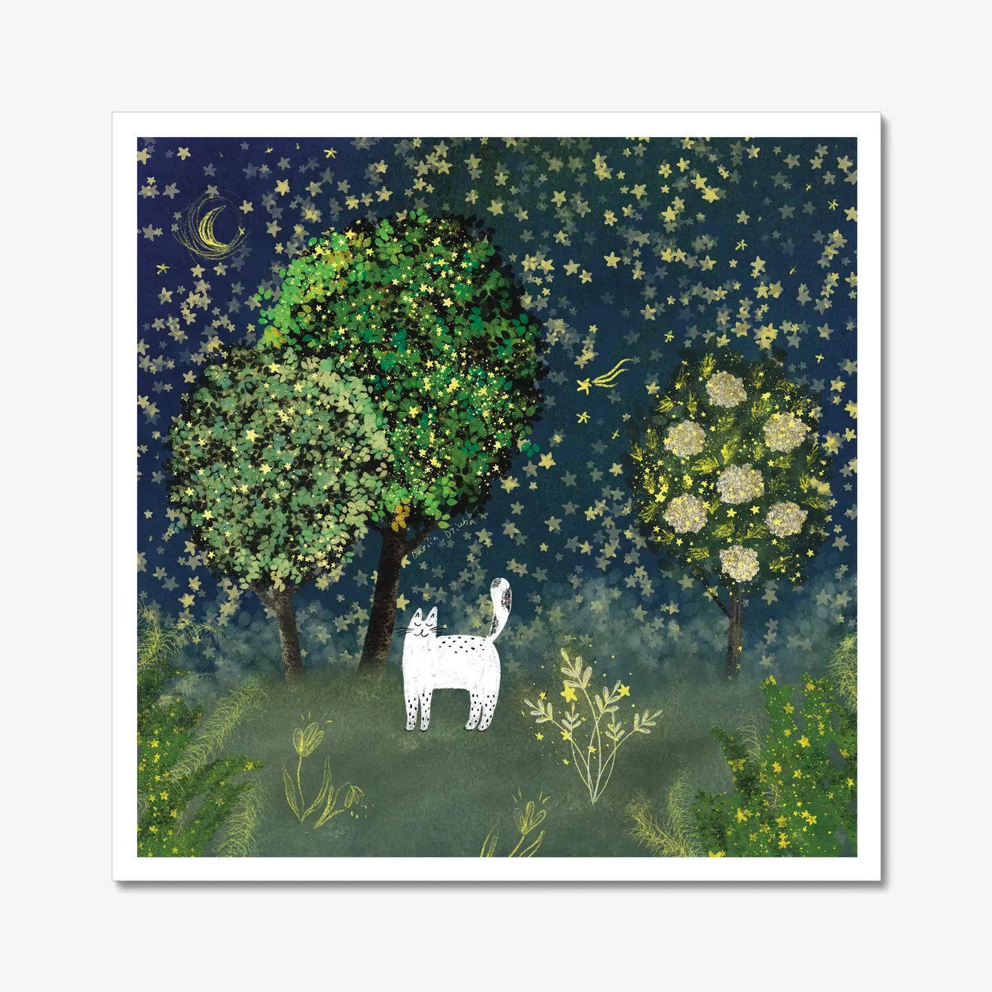 Cat Art Print: Cat in Starry Garden
