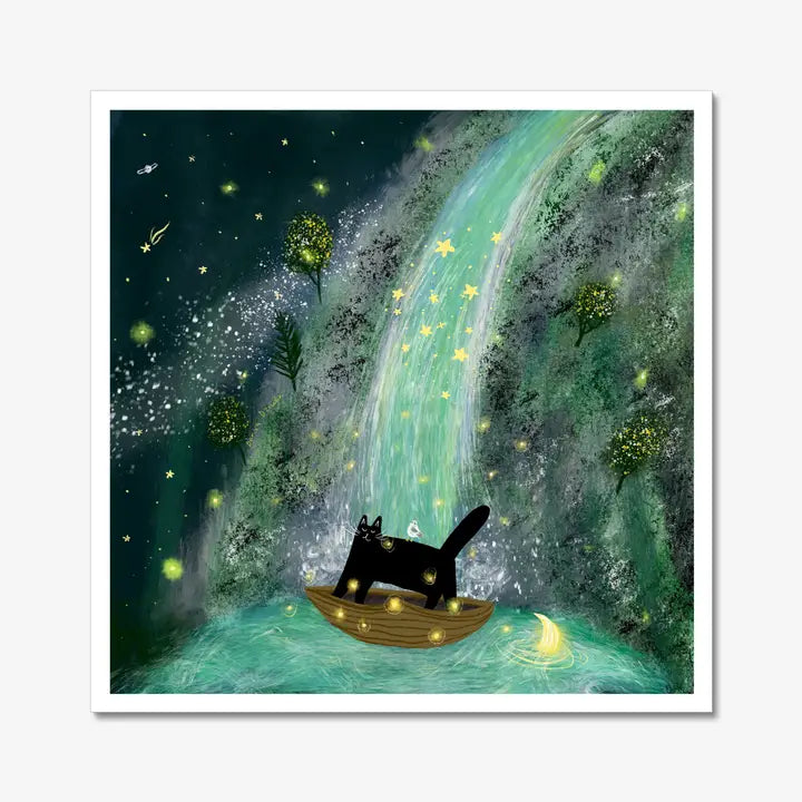 Cat On Boat in Front of Starry Waterfall - Art Print