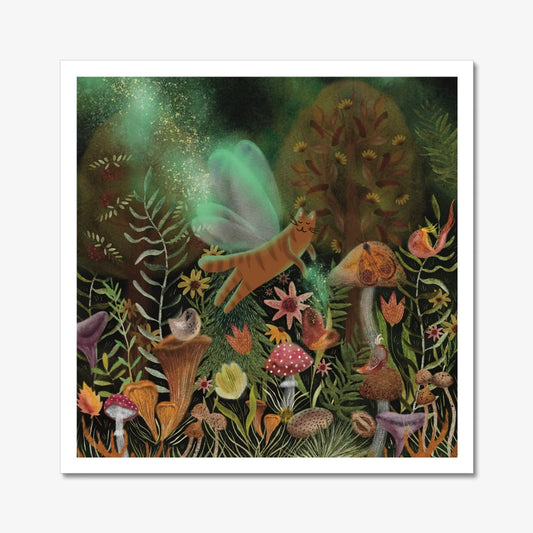 Flying Fairy Cat in a Magical Forest - Art Print
