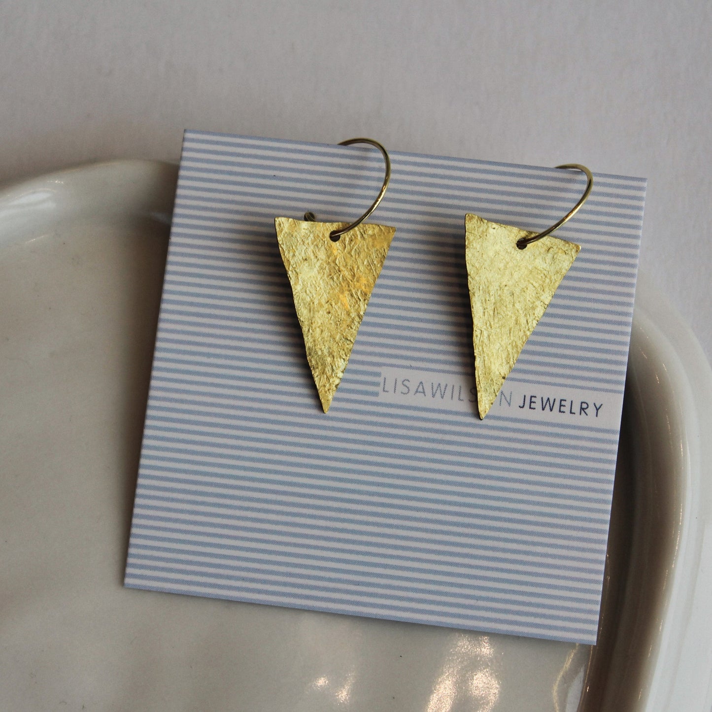 Small Gold Hoop Earrings with Hammered Brass Triangles