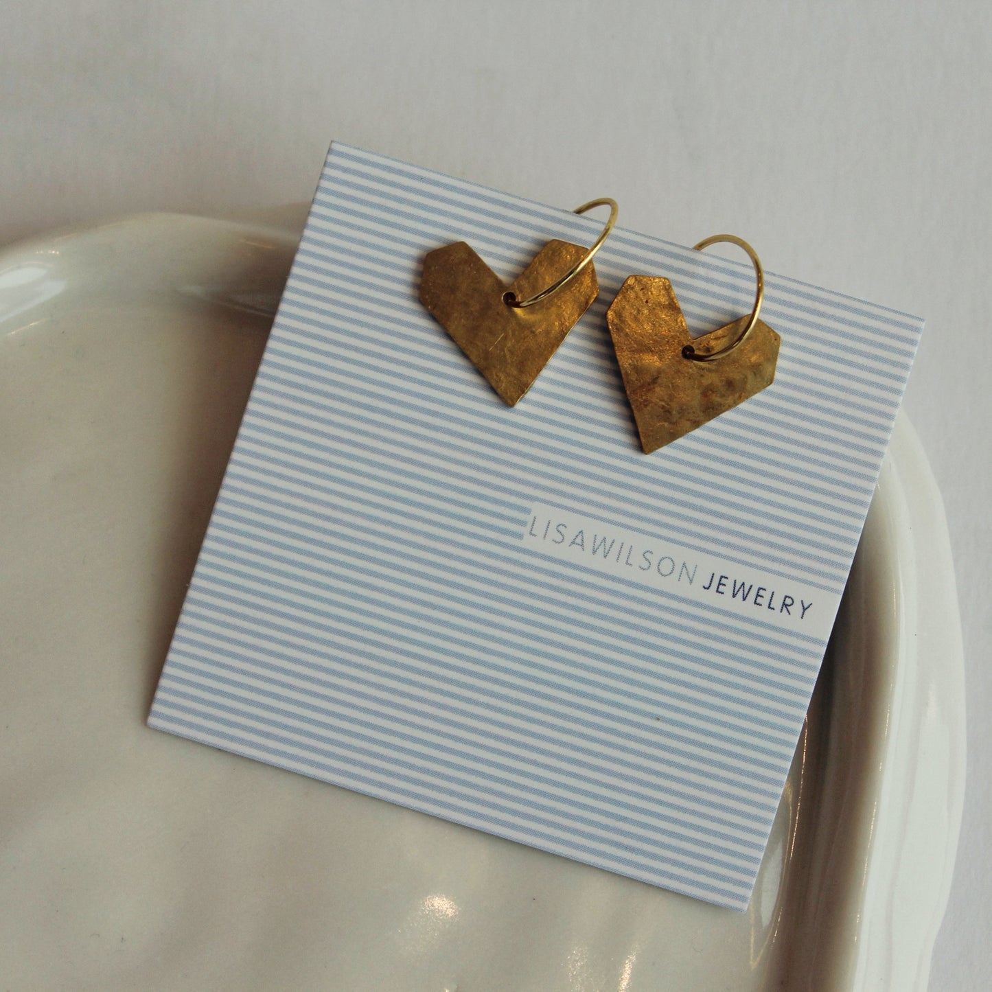 Small Gold Hoop Earrings with Hammered Brass Hearts