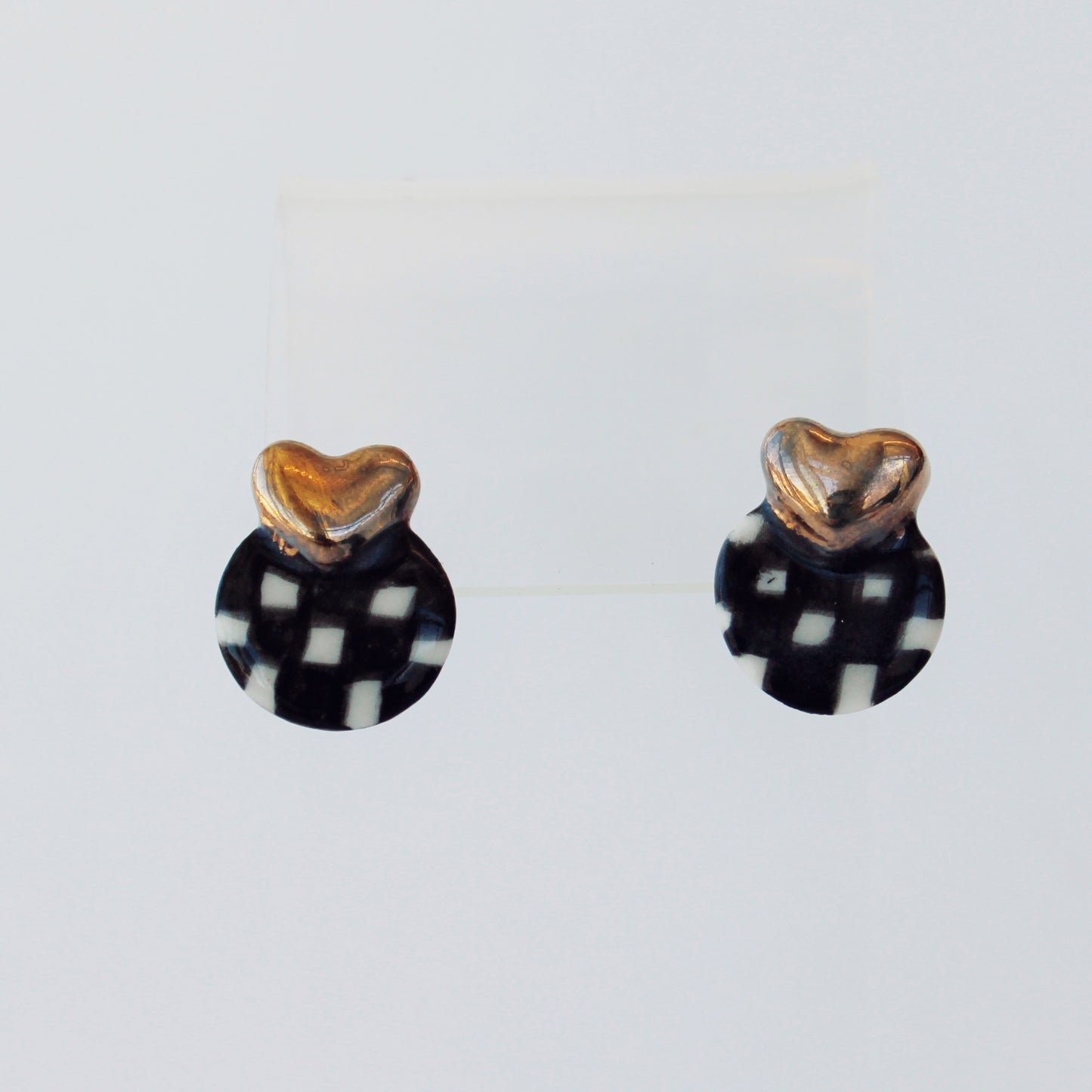 Small Checkered and Gold Heart Porcelain Earrings