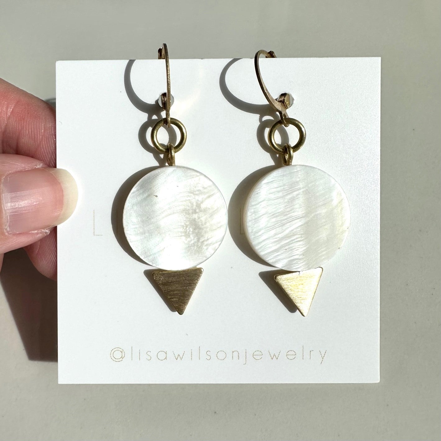 Mother of Pearl Disk with Brass Triangle Earrings