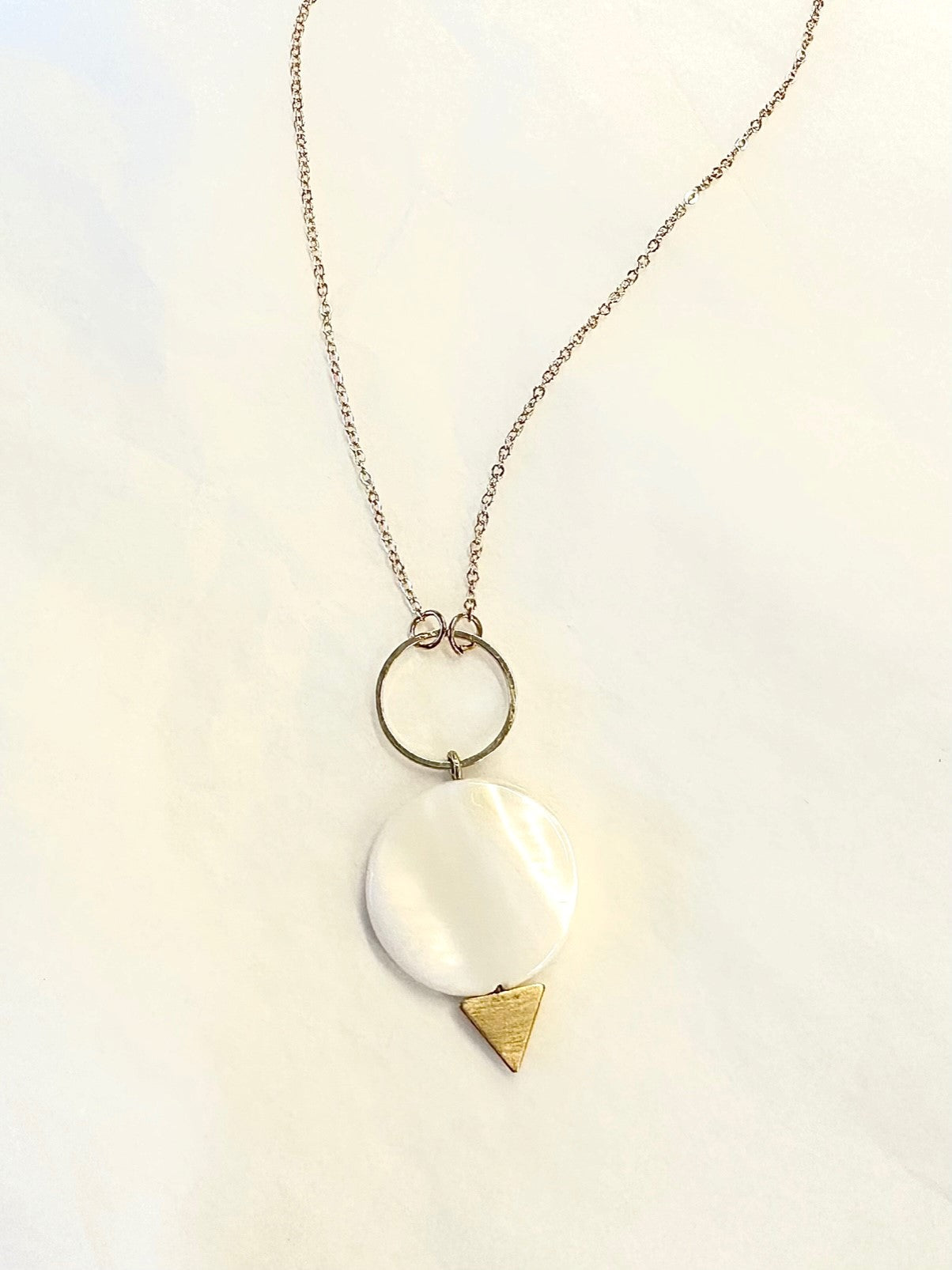 Mother of Pearl Disk Necklace with Brass Triangle