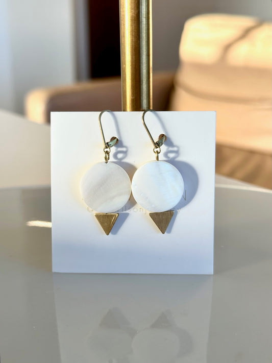 Mother of Pearl Disk with Brass Triangle Earrings