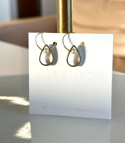 Small Brass Hoop Earrings with Teardrop Cutout and Small Freshwater Pearls
