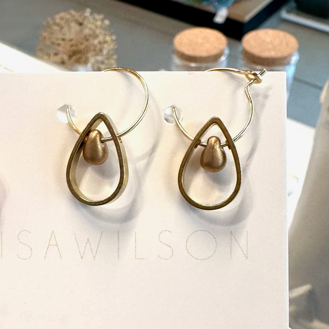 Small Brass Hoop Earrings with Teardrop Cutout and Droplet Bead