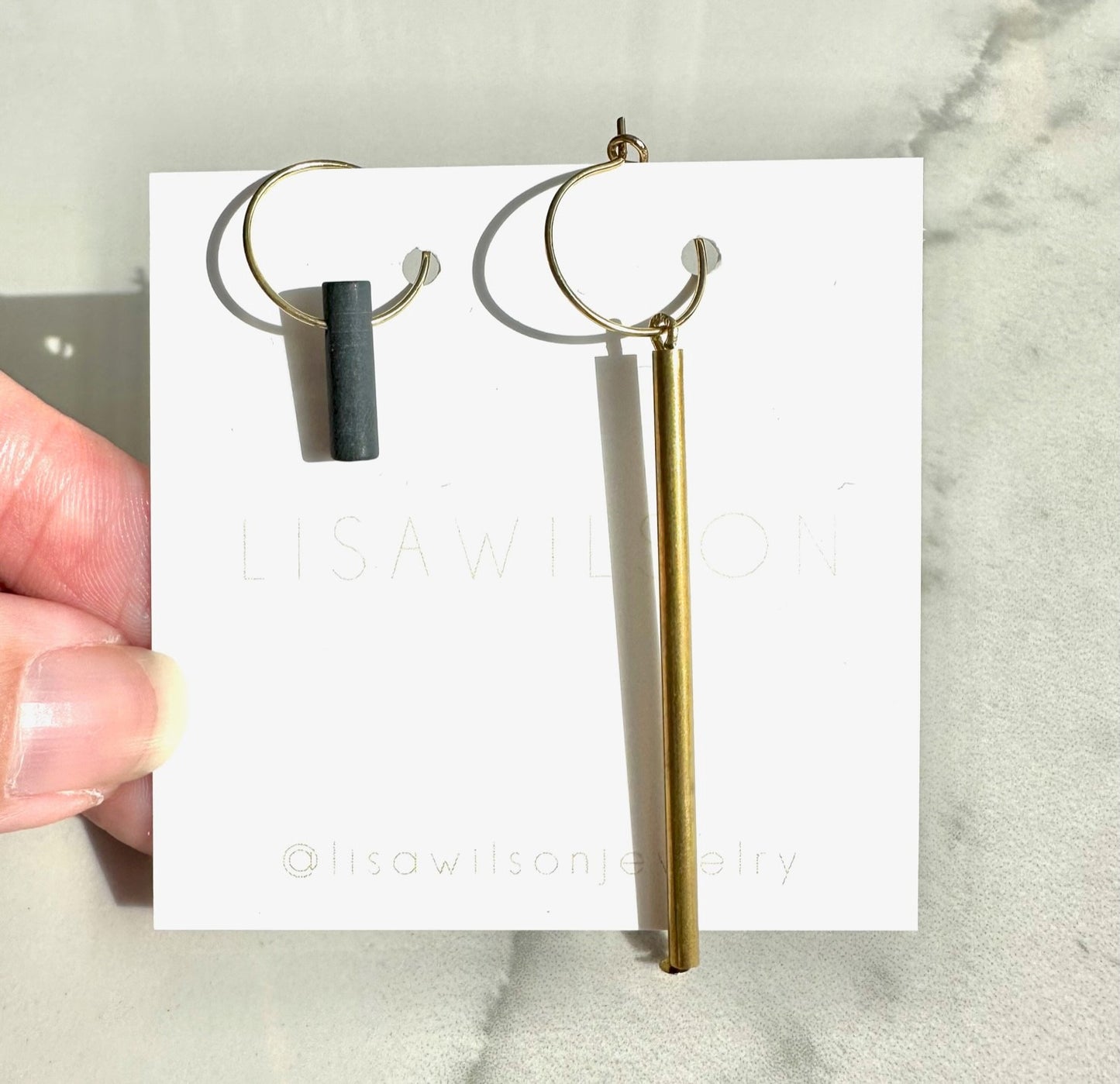 Mismatched Small Hoop Earring Set-Long Brass Bar and Short Black Bar