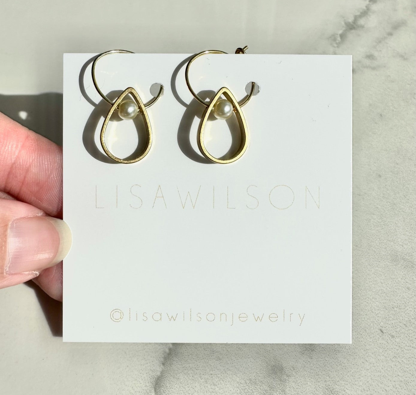 Small Brass Hoop Earrings with Teardrop Cutout and Small Freshwater Pearls