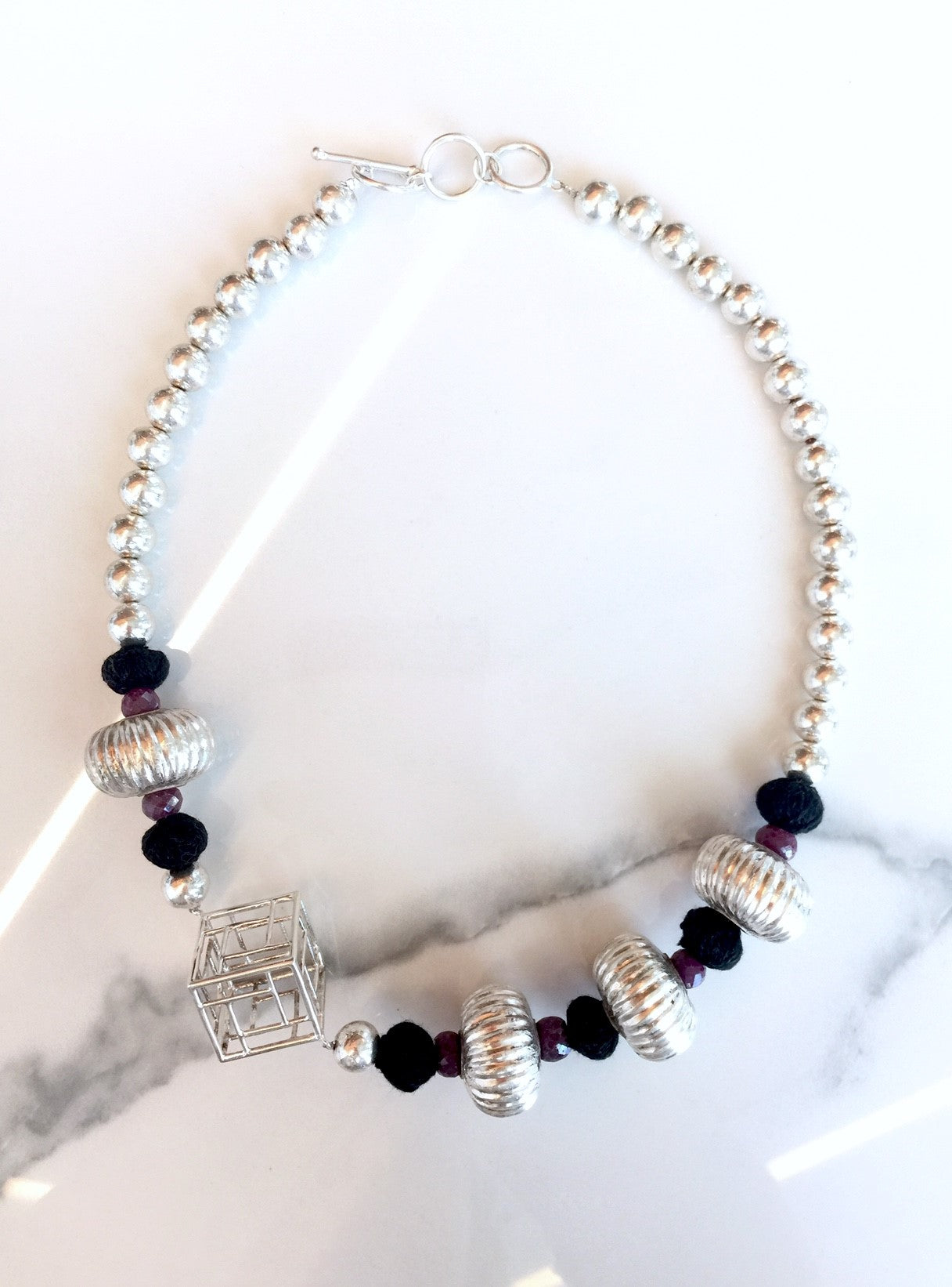 Silver Beaded Cube Necklace