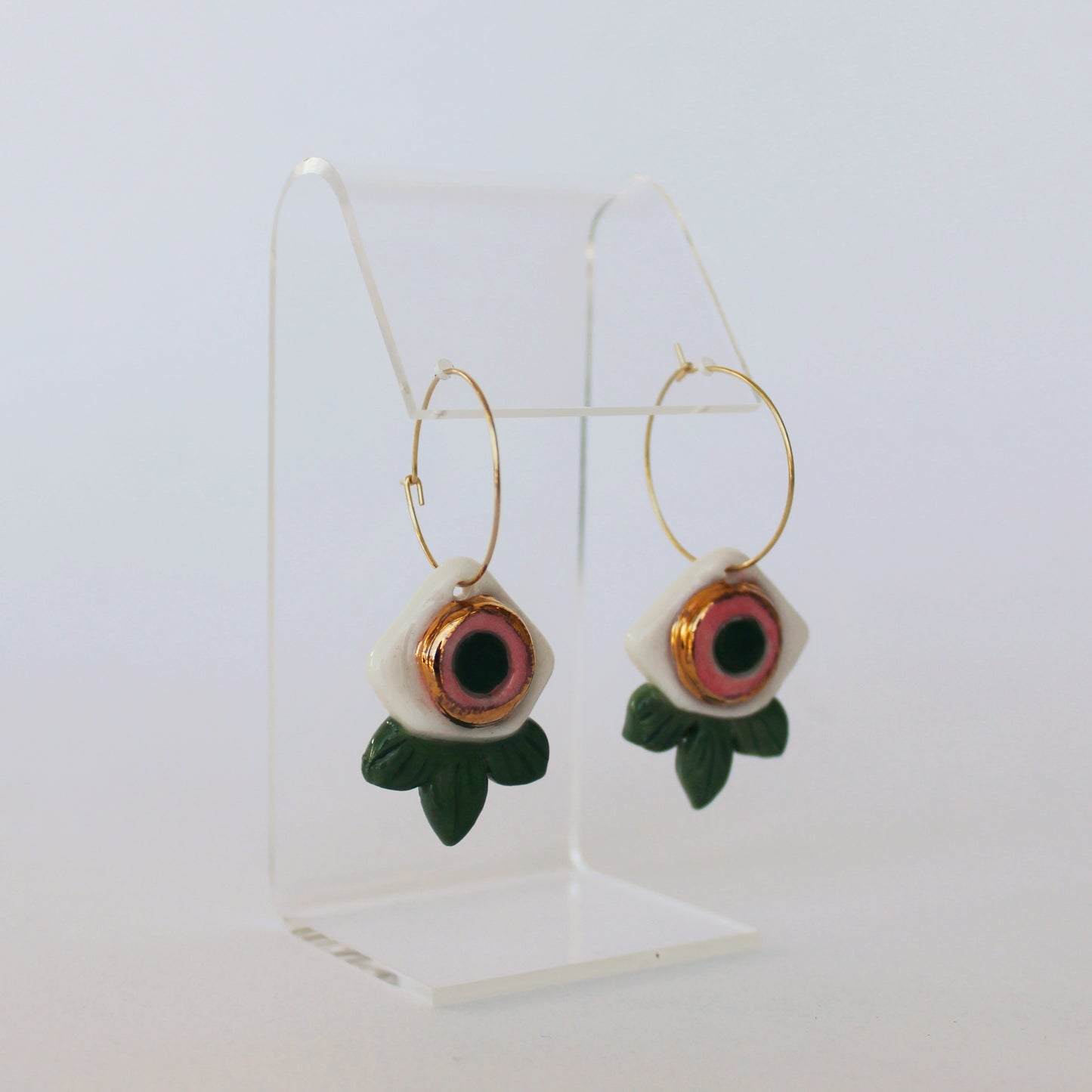 Pink + Green Flower Porcelain Hoop Earrings