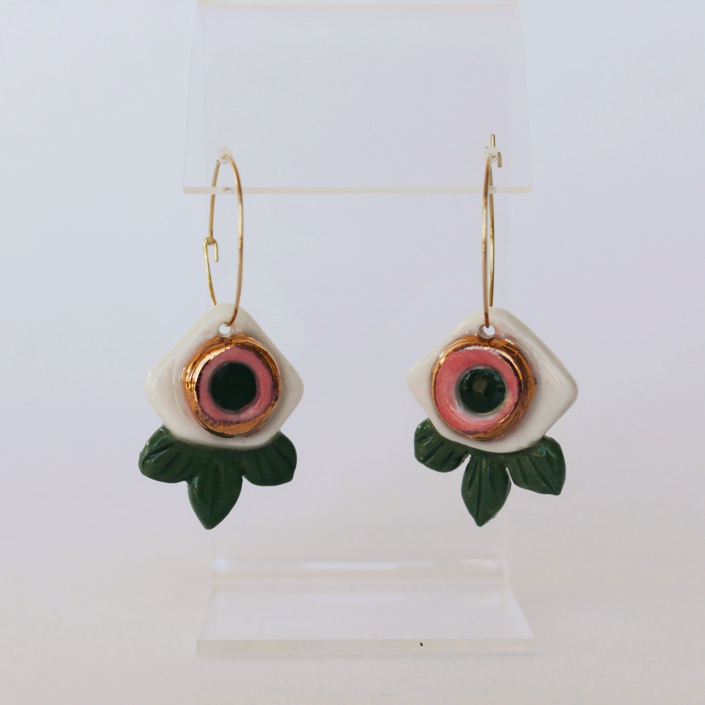 Pink + Green Flower Porcelain Hoop Earrings