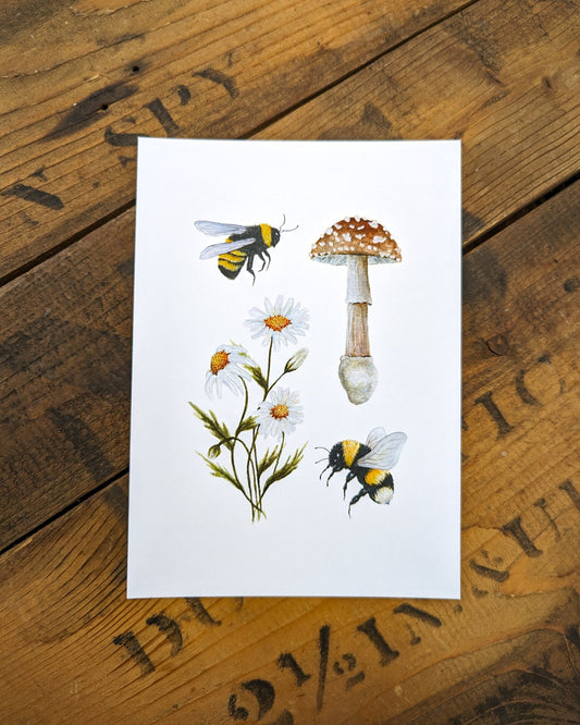 Bumblebee, Mushroom & Daisy Art Print