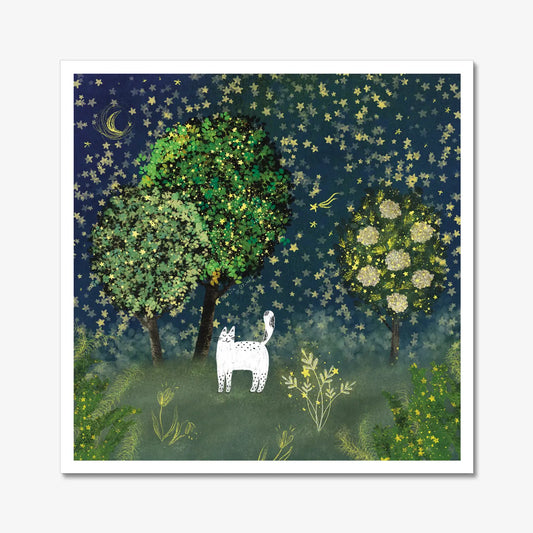 Cat Art Print: Cat in Starry Garden