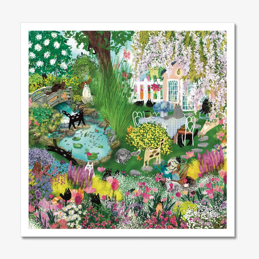 Cats in A Blooming Garden Unframed Art Print