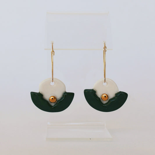 White + Green Flower Porcelain Hoop Earrings